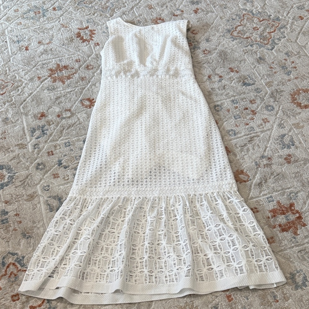 Chelsea & Violet White Eyelet Midi Dress with Flounced Hem